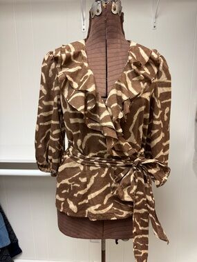 Lauren Ralph Lauren Animal Print V-Neck Ruffle Peasant Sleeve Wrap Style Top